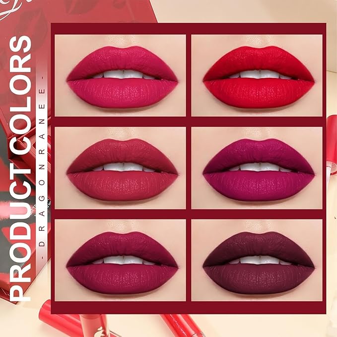 6 Pcs Matte Liquid Lipstick Set Red Lip Gloss with Long-Lasting and Waterproof Lipsticks for Women Lip Makeup Gift (Red Rabbit, 6 Pcs)