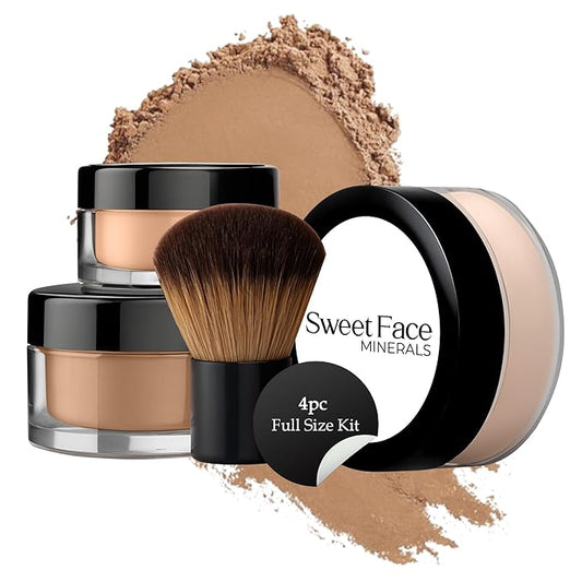 4pc Full Size Kit (Cocoa) Mineral Makeup Matte Translucent Loose Foundation + Kabuki Brush + Concealer + Finishing Setting Powder + Bare Face Full Coverage SPF 30 All Skin Types Waterproof