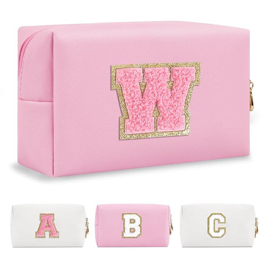 Personalized Initial A-Z Preppy Patch Makeup Bag,Small PU Leather Chenille Letter Cosmetic Bag with Zipper for Teen Girls,Pink Cute Travel Toiletry Bag,Birthday Monogrammed Gift for Daughter,Letter W