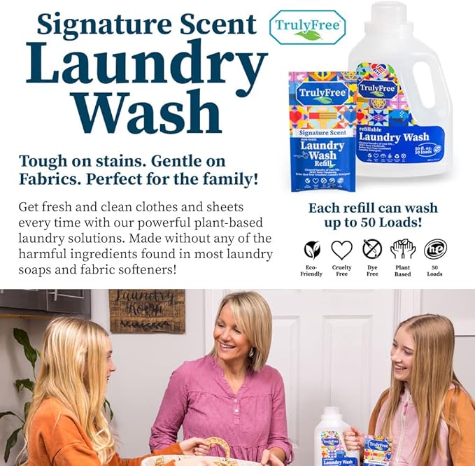 Truly Free Natural Laundry Detergent for Sensitive Skin | Eco Friendly, Plant Based, Baby Clothes Safe | Clean & Easy Powder to Liquid, 4 Pack Refill Detergent, NO Jug | Signature Scent, 200 Loads