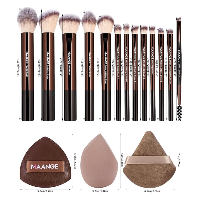 MAANGE 16PCS Makeup Brush Set Travel Makeup Brushes for Liquid Powder Contour Concealer Cream Cosmetics Blending Eyeshadow Eyeliner (Coffee)