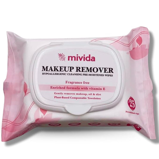 mivida Hypoallergenic Makeup Remover Wipes | Dermatologist-Tested, Biodegradable, Fragrance-Free with Vitamin E | Gentle on Sensitive Skin, 25 Count
