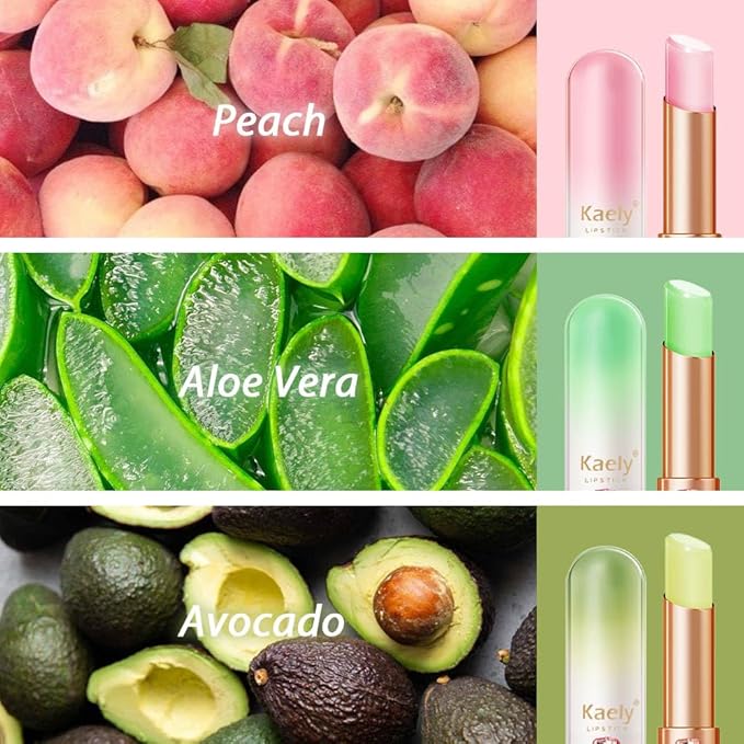 Kaely 3Pcs Peach Aloe Avocado Hydrating Lipstick Tinted Lip Balm, Color Changing PH Lipstick Makeup, Korean Magic Lip Stain Long Lasting Waterproof, labiales magicos 24 horas originales