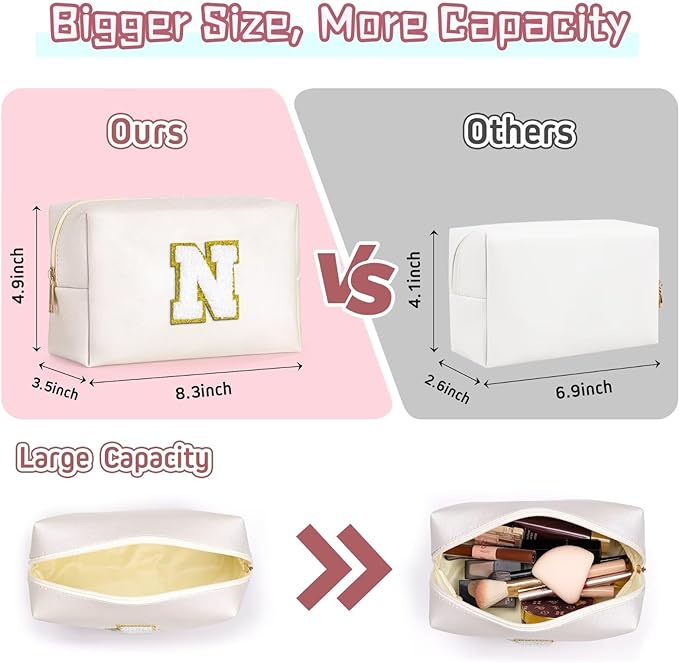 TOPEAST Preppy Stuff for Girls, Initial Makeup Bag Chenille Letter Pouch Cosmetic Bag with Zipper, PU Leather Waterproof Toiletry Bag, Cute Stuff Birthday Gift for Friends Sister (White T)