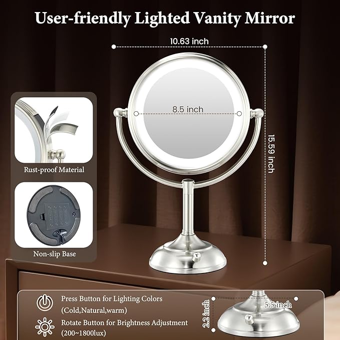 Professional 8.5" Large Lighted Makeup Mirror with Brighter Lights, 1X/10X True HD Magnifying Mirror with 3 Color Dimmable Lights, 90 Shadowless LEDs, 360°Swivel Seamless Vanity Mirror, Pearl Nickel