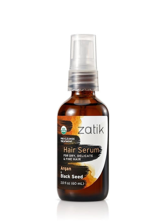 Zatik Naturals - Hair Serum with Argan & Black Seed Organic Oil Blend, For Curl enhancing, and fine hair, Vegan, Non-GMO, Free of Gluten, Soy, Alcohol - pH Balanced, Biodegradable, 2.0 fl oz, 60ml
