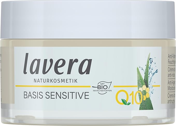 lavera Basis Sensitive Anti Wrinkle Moisturizing Cream - Face Cream with Q10 & Aloe Vera - Moisturizing Facial Cream - Anti Aging Cream - PETA Certified - Vegan - Made in Germany - 1.7 Fl Oz