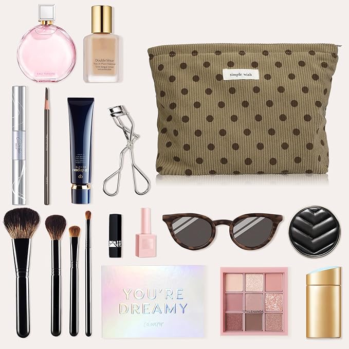 Wudygirl Travel Makeup Bag Cute Cosmetic Bag Large Capacity Makeup Pouch Make Up Organizer for Women and Girls Portable Toiletry Bag Corduroy Zipper Pouch (Brown Polka Dots)