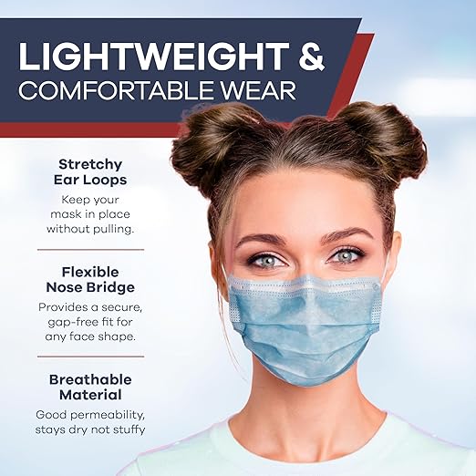 500 Pcs Blue Disposable Face Masks - Level 3 | Bulk 3 Ply Facemask Pack - Soft Breathable Latex Free Non-Woven Dust Mask with Flexible Nose Bridge & Stretchy Ear Loops (10 Packs x 50)