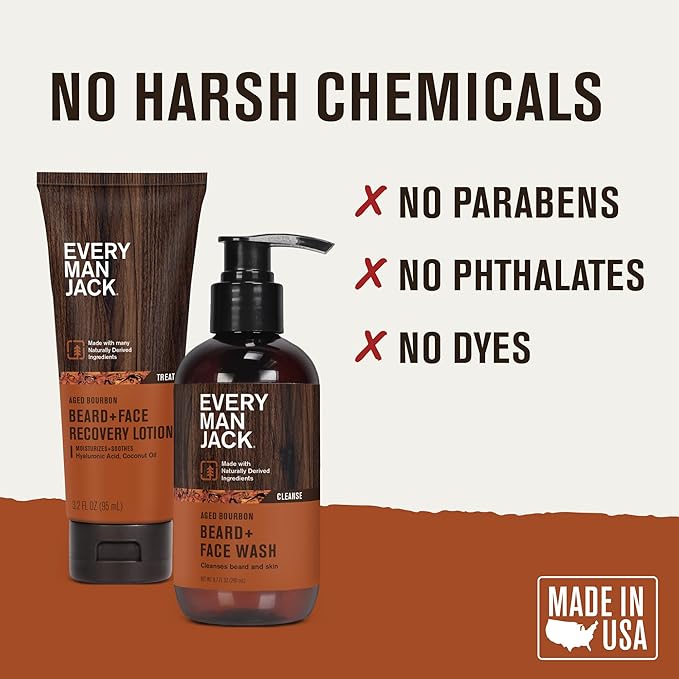 Every Man Jack Men's Beard + Face Wash & Lotion Set - Subtle Aged Bourbon Scent - Naturally Cleanse and Condition Your Beard & Skin