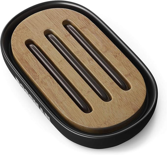 Bossman Soap Dish - Bathroom and Shower Soap Bar Holder - Premium Ceramic Base - Removable Natural Bamboo Soap Tray (Black)