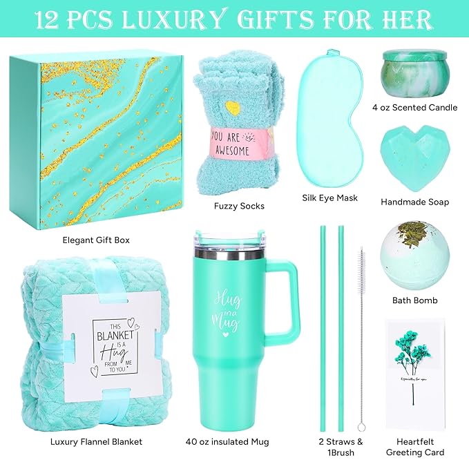 Gift Basket for Women, Best Birthday Gifts Set, Self Care Gift, Care Package, Get Well Soon Gift Box, Unique Ideas Spa Present Kit for Mom Girlfriend Her Sister Wife Friends Woman (Ocean)