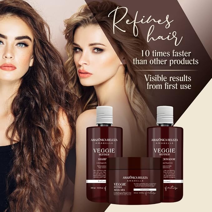 AMAZONICA BELEZA Vegan Veggie Refiner Kit, Nourishes, Moisturizes and Repairs, Sulfate, Parabens and Cruelty Free, Shampoo, Conditioner and Mask with Natural Ingredients for all Hair Types, 10 Oz