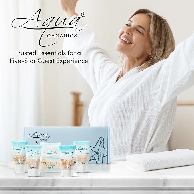 1-Shoppe Aqua Organics Amenity Kit | Boxed Hotel Toiletries Bulk Set | 1 oz Shampoo, Conditioner, Lotion, Body Wash & Bar Soap | 75 Sets per Case