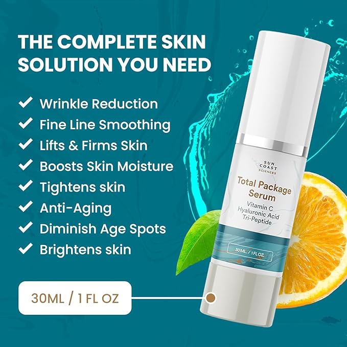 Sun Coast Sciences - Total Package Serum, All-In-One Vitamin C, Hyaluronic Acid, Anti-Aging Facial Super Serum for Wrinkles, Brightening, Dark Spots - 1 fl oz (Pack of 3)