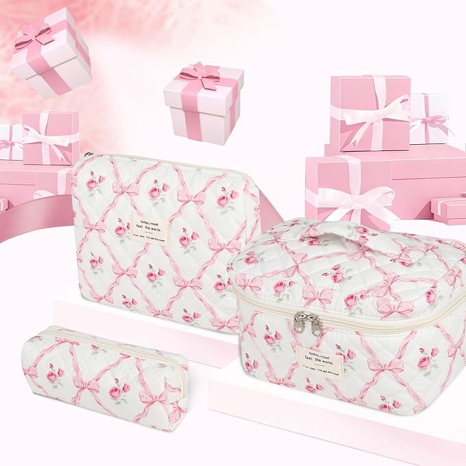 Anfly Makeup Bag, Quilted Cosmetic Bags, Large Floral Make Up Bag, Cute Makeup Bag 3PC Set for Women Girls (Pink Bow)