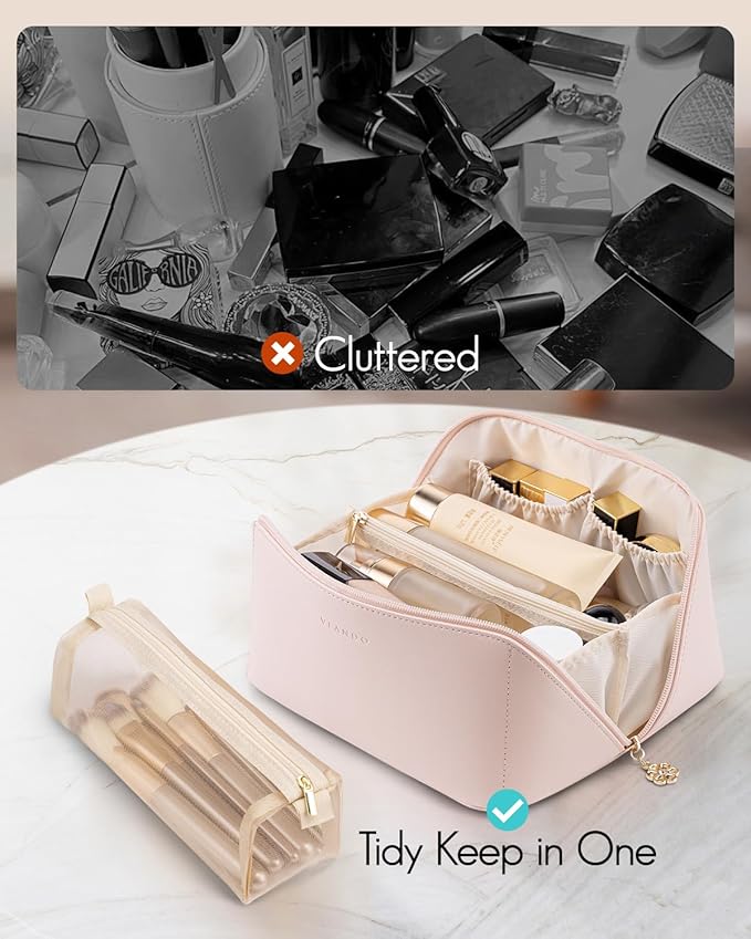 Vlando Makeup Bag,Large Capacity Toiletry Bag for Women Waterproof Portable Make up Pouch PU Leather Open Flat Cosmetic Bag(Apricot Pink)