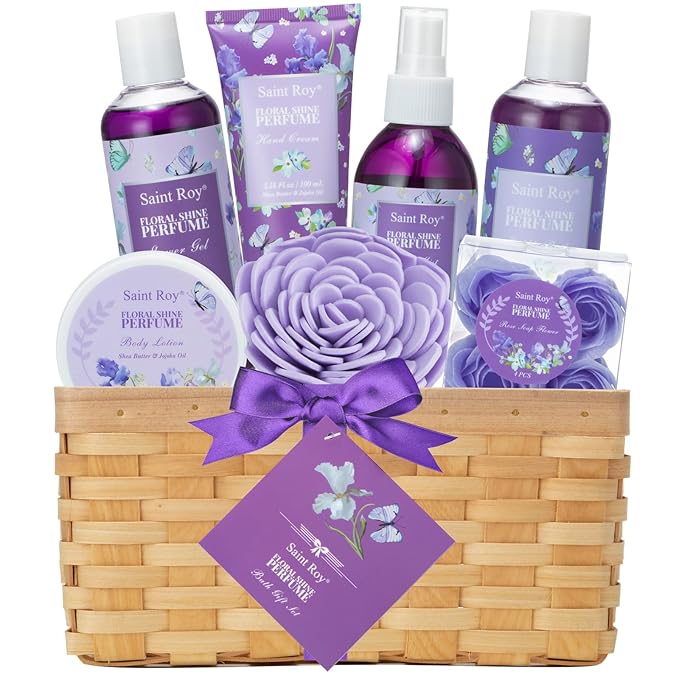 Bath & Shower Spa Basket Gift Set, Floral Perfume Scent, with Shower Gel, Bubble Bath,Body Lotion, Bath and Body Gift Box for Women, Self Care Gifts Basket for Her, Birthday Gifts