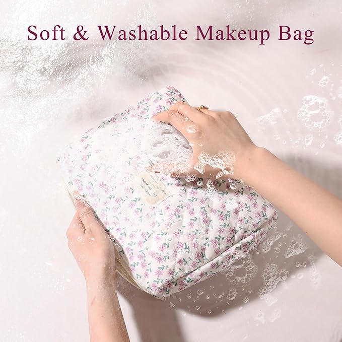 Anfly Makeup Bag, Quilted Cosmetic Bags, Large Floral Make Up Bag, Cute Makeup Bag 3PC Set for Women Girls (Purple)