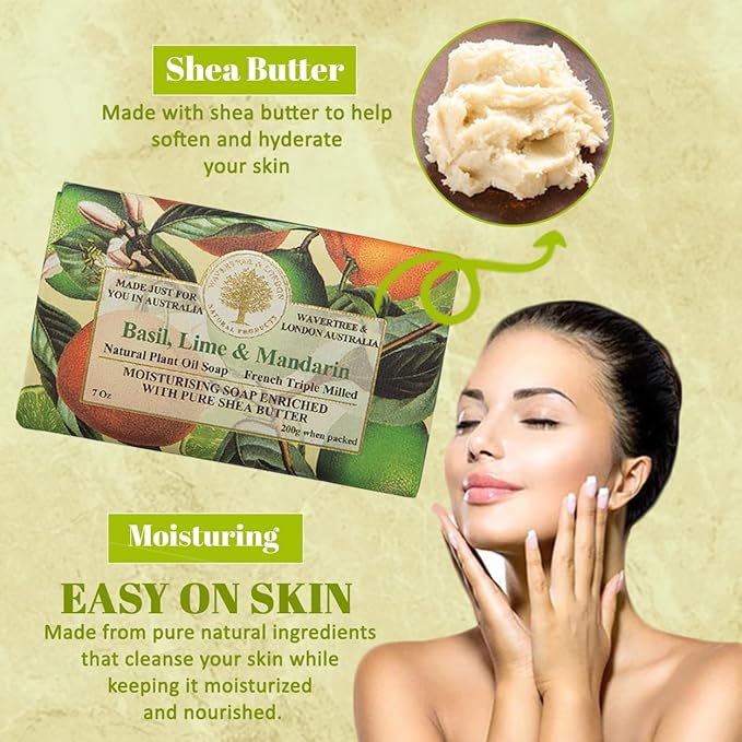 Wavertree & London Basil Lime & Mandarin Scented Natural Soap (2 Bars), 7oz Moisturizing French Triple Milled Soap Bars enriched with shea butter - Pure Plant Based Bath & Body Bars for All Skin Types
