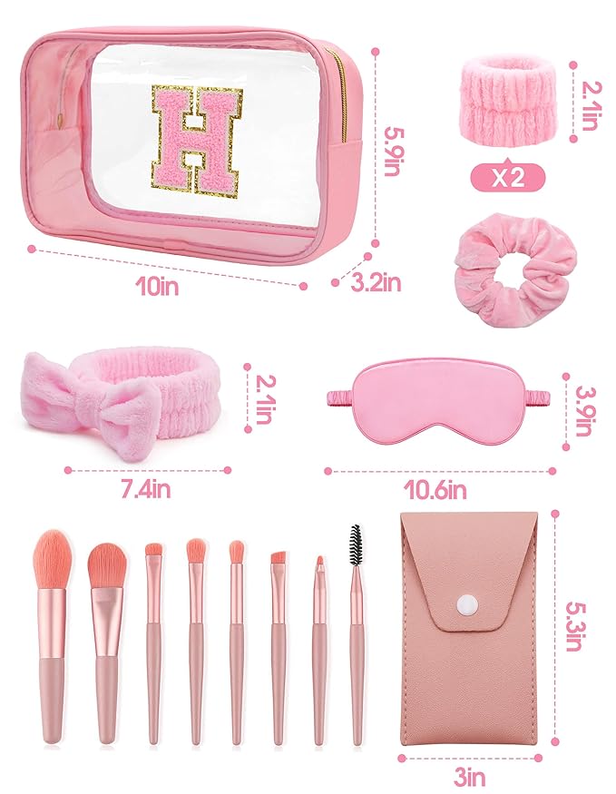 Gift Sets for Women, Initial Makeup Bag with Makeup Brush Set Bachelorette Party Favors, Pink Spa Kit with Skincare Headbands Wrist Bands Sleepover Party Supplies Gifts for Teen Girls Bridesmaid H