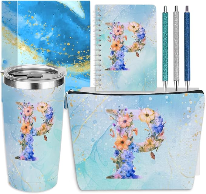 Personalized Gifts Monogrammed Birthday Gifts for Women, Mommy, Female Going Away Christmas, Initial 20 oz Tumbler, Makeup Cosmetic Bag Cup Pens Journal Notebook 6 Set, (Aesthetic Blue Flower P)