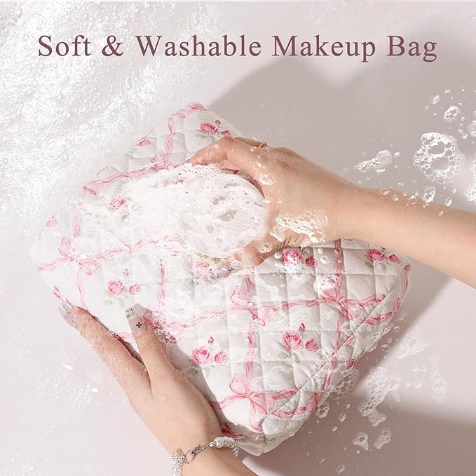 Anfly Makeup Bag, Quilted Cosmetic Bags, Large Floral Make Up Bag, Cute Makeup Bag 3PC Set for Women Girls (Pink Bow)