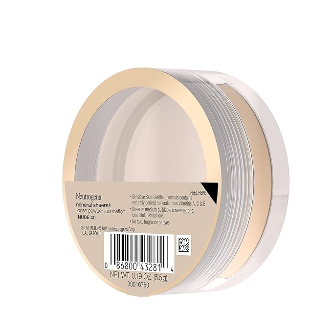 Neutrogena Mineral Sheers Lightweight Loose Powder Makeup Foundation with Vitamins A, C, & E, Sheer to Medium Buildable Coverage, Skin Tone Enhancer, Face Redness Reducer, Nude 40,.19 oz (Pack of 2)