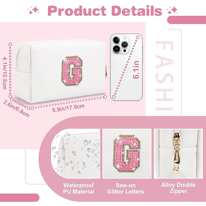 Small Initial Patch Makeup Bag Personalized Gifts Make Up Bag,White Cute PU Leather Glitter Letter Cosmetic Bag with Zipper,Trendy Portable Travel Toiletry Pouch,Preppy Stuff for Teen Girls Women G