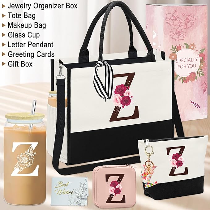 Birthday Gifts for Women,Initial Canvas Tote Bag,Monogrammed Gift for Women,16oz Glass Cup,Makeup Bag with Zipper,Jewelry Organizer Box,Personalized Gifts for Mom-Z