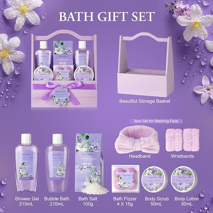 Mothers Day Gifts for Mom, 13-Piece Lavender Jasmine Bath & Body Gift Set for Women, Spa Gift Basket, Self Care Kit Bubble Bath, Bombs, Christmas, Birthday Gifts, All Occasion Holiday Present