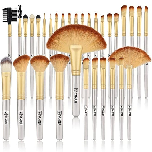 Vander Make up Brushes Set, 32Pcs Premium Synthetic Make up Brush, Eyeshadow Contour Foundation Blending Face Cosmetic Brush Travel Make up Brushes for Women, Girl (Gold)