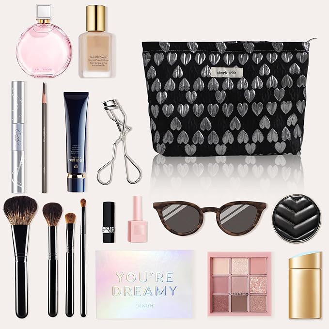 Wudygirl Cute Makeup Bag Cosmetic Bag Travel Cosmetic Pouch for Women Aesthetic Canvas Make up Organizer with Zipper Large Capacity Handbag Pencil Pouch (Black Heart)