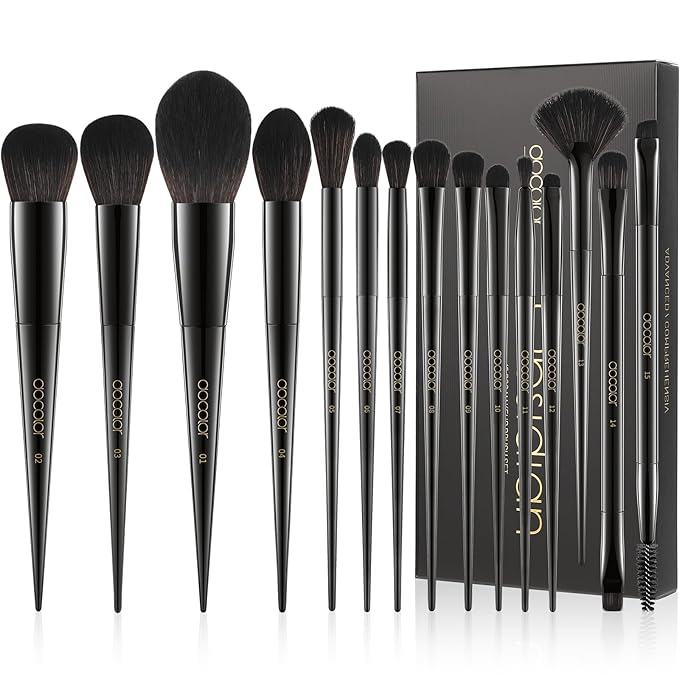 Docolor Makeup Brushes 15Pcs Obsidian Makeup Brush Set Premium Synthetic Powder Kabuki Foundation Contour Blush Concealer Eye Shadow Blending Eyeliner Crease Eyebrow Make Up Brush Kit