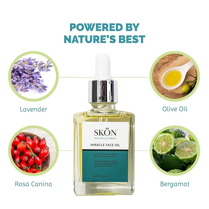 Skön Beautifully Strong Miracle Face Oil - 30ml Fast Absorbing Plant-Based Serum Vegan Natural Botanical Skincare for Dewy, Glowing, Smooth Complexion Lightweight Daily Moisturizer for Minimal Routine