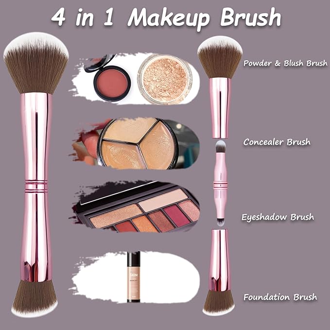 4 in 1 Makeup Brush Set - All in One Powder/Blush, Foundation, Blending & Eyeshadow Brushes, Compact & Travel Essential