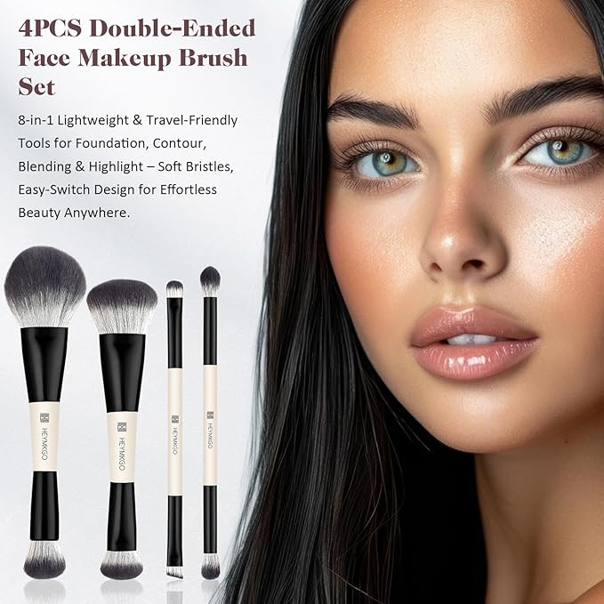 HEYMKGO Makeup Brushes Set, 4Pcs Professional Dual-ended Foundation Contour Power Face Eyeshadow Brush set for Liquid,Cream, Powder for Blending Contouring Makeup Tools- Great for Travel Use, Black