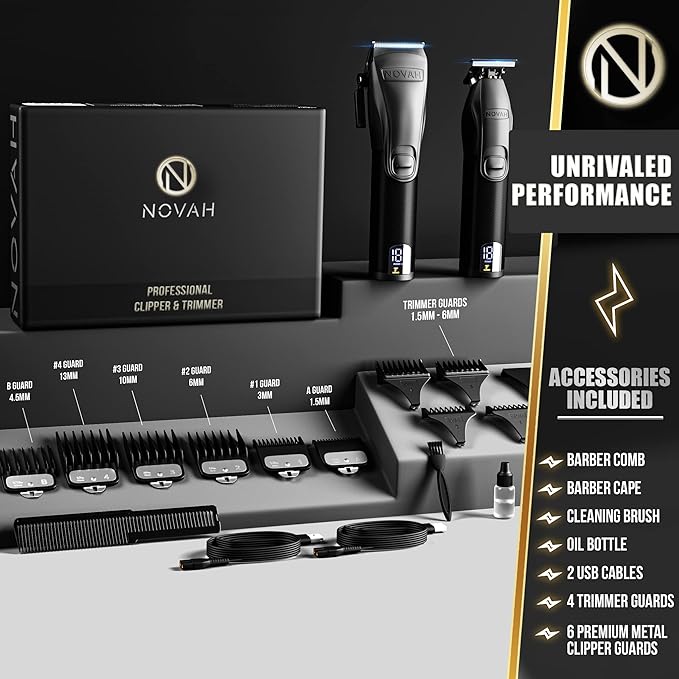 Novah® Professional Hair Clippers for Men, Professional Barber Clippers and Trimmer Set, Mens Cordless Hair Clipper for Barbers Haircut Kit Fade