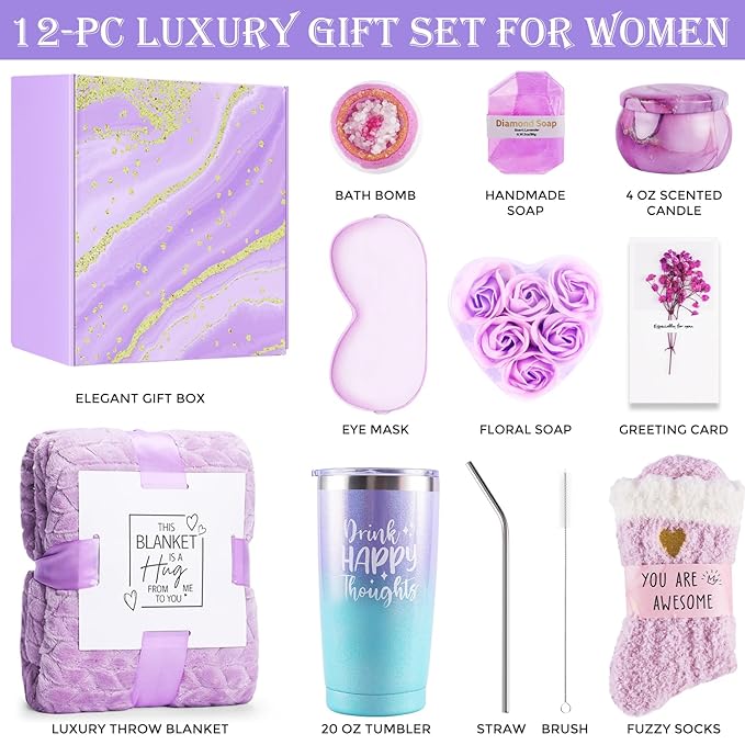 Gift Baskets for Women, Best Birthday Gifts Box, Self Care Gift, Care Package, Get Well Soon Gifts Kit, Unique Ideas Present for Mom Girlfriend Her Sister Wife Friends Woman - Lavender Spa Gift Set