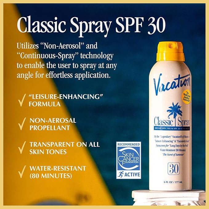 Vacation Classic Sunscreen Spray SPF 30 & Air Freshener Bundle, Water-Resistant, Lightweight, Transparent on All Skin Tones, Dermatologist-Tested, Vegan, 6 Fl. Oz.