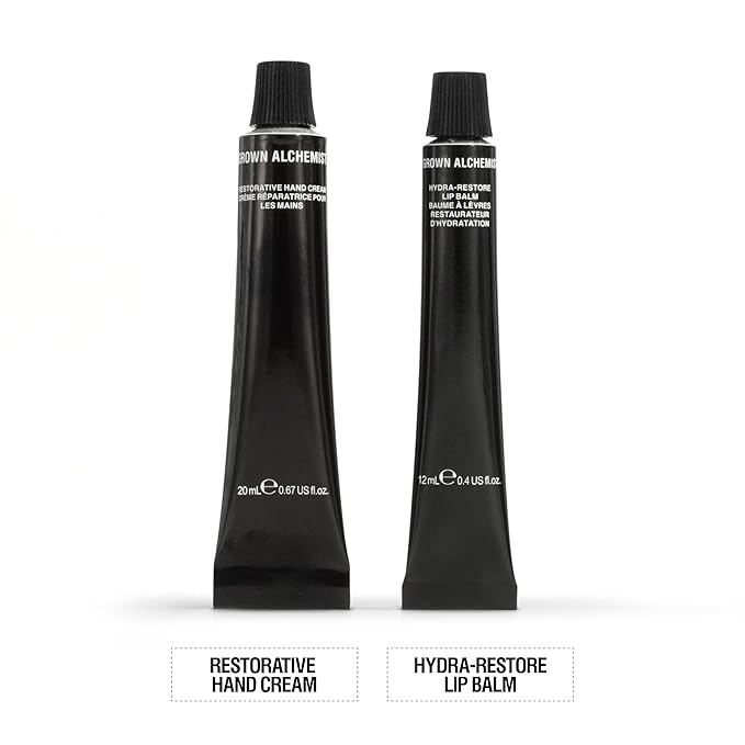 Grown Alchemist, Lip + Hand Essentials Holiday Gift Kit. Hydra-Restore Lip Balm (12 mL) & Restorative Hand Cream (20 mL). Natural Hydration Duo