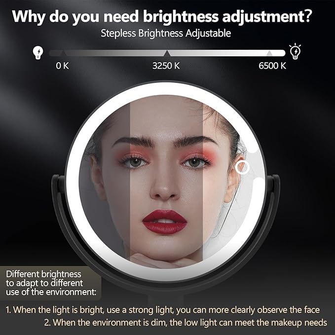 MIYADIVA Makeup Mirror with Lights, 30X Magnifying Mirror with Light and Touch Switch, Vanity Mirror with 3 Color Light and 80 LEDs, Height Adjustable Desk Mirror with Lights, Black