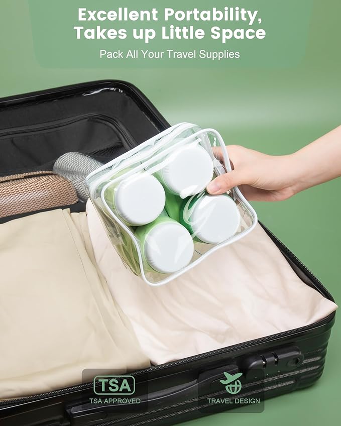 Travel Bottles for Toiletries 8 Pack, Travel Size Toiletries, Tsa Approved Travel Size Containers 3oz, with Travel Essentials Clear Bag, Leak Proof Silicone Squeezable Creams Jars