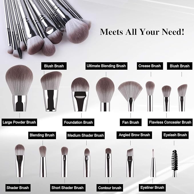 Makeup Brushes,Daubigny 16Pcs Silver Premium Synthetic Makeup Brush Set with Professional Foundation Brushes Powder Concealers Eye shadows Blush Makeup Brush for Perfect Makeup