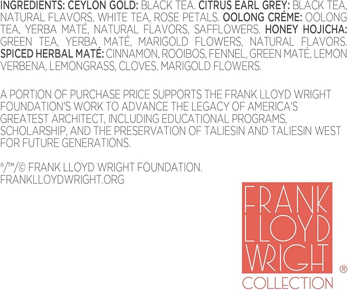 Tea Forte Frank Lloyd Wright Presentation Box Tea Gift Set Sampler, 20 Count 2 of Each Variety Individually Wrapped Handcrafted Pyramid Infuser Bags