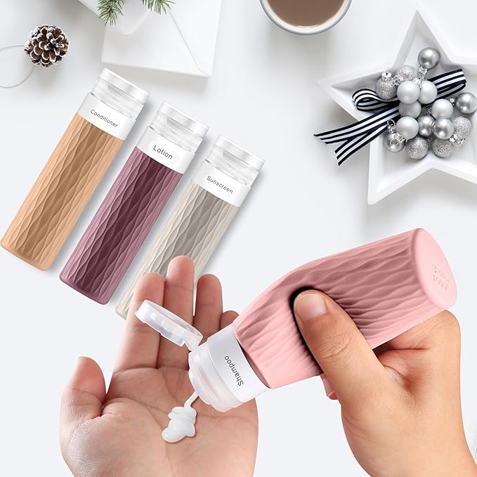 Travel Bottles for Toiletries, TSA Approved 3.4oz Travel Size Containers, BPA Free Leak Proof Silicone Traveling Bottles, Refillable Travel Essentials Kits for Shampoo Conditioner(4 Pack)-B