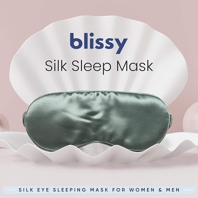BLISSY Silk Sleep Mask - Mulberry Silk 22 Momme 6A Fibers - Complete Blackout - Hypoallergenic - Pull On - Matcha