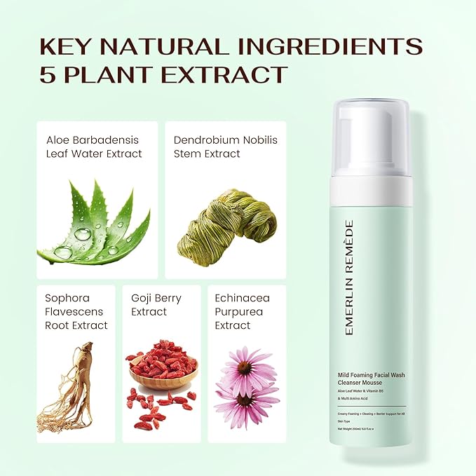Mild Foaming Facial Wash Cleanser Mousse with Aloe Leaf Water, Amino Acids & Vitamin B5, Gentle Hydrating Face Wash for All Skin Types, 200ml