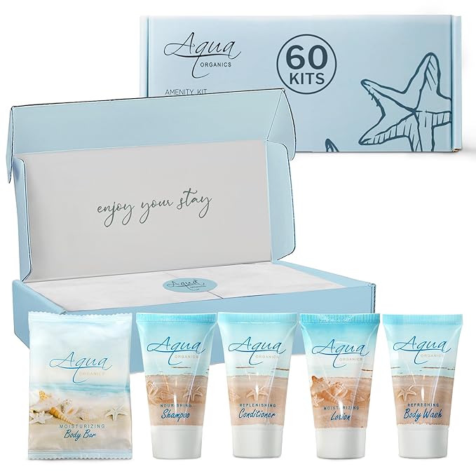 Aqua Organics Amenity Kit | Boxed Hotel Toiletries Bulk Set | 1 oz Shampoo, Conditioner, Lotion, Body Wash & Bar Soap | 300 Sets per Case