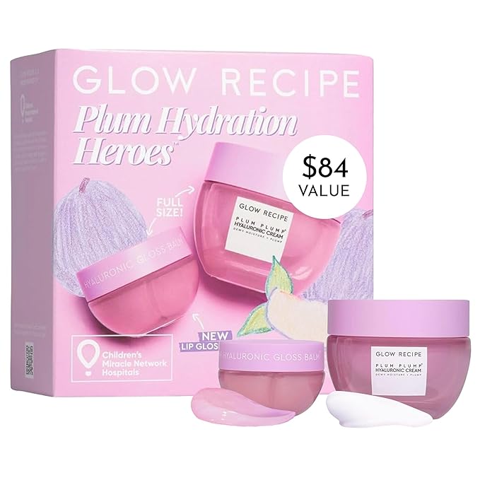 Glow Recipe Plum Hydration Heroes Holiday Kit - Plum Plump Hyaluronic Acid Cream (50ml) & Ultra Moisturizing Gloss Balm (15ml) - Hydrate, Plump, and Balance Dry Skin & Parched Lips - Vegan Set (2-Pc)